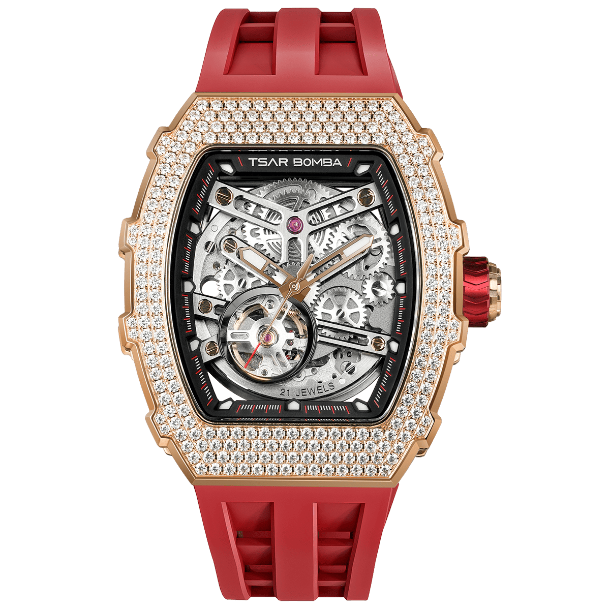 Front view of the TSAR BOMBA Elemental TB8208D men’s Red tonneau watch with a gold-tone stainless steel case and cubic zirconia bezel and skeleton dial.
