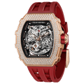 Side view of the TSAR BOMBA Elemental TB8208D men’s Red tonneau watch with a gold-tone stainless steel case and cubic zirconia bezel and skeleton dial.