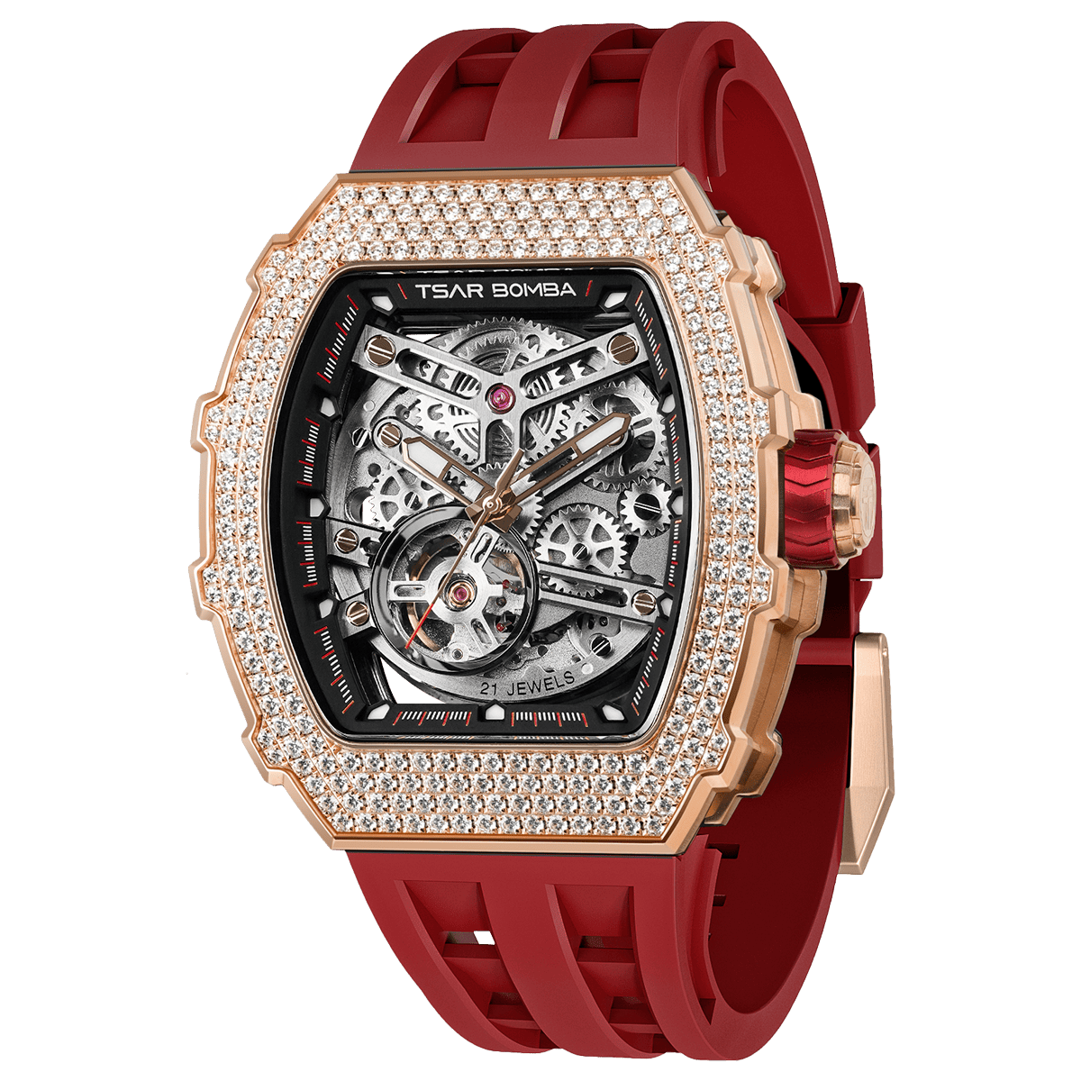 Side view of the TSAR BOMBA Elemental TB8208D men’s Red tonneau watch with a gold-tone stainless steel case and cubic zirconia bezel and skeleton dial.