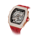 15° Left-Angled View TSAR BOMBA Elemental TB8208D men’s Red tonneau watch with a gold-tone stainless steel case and cubic zirconia bezel and skeleton dial.