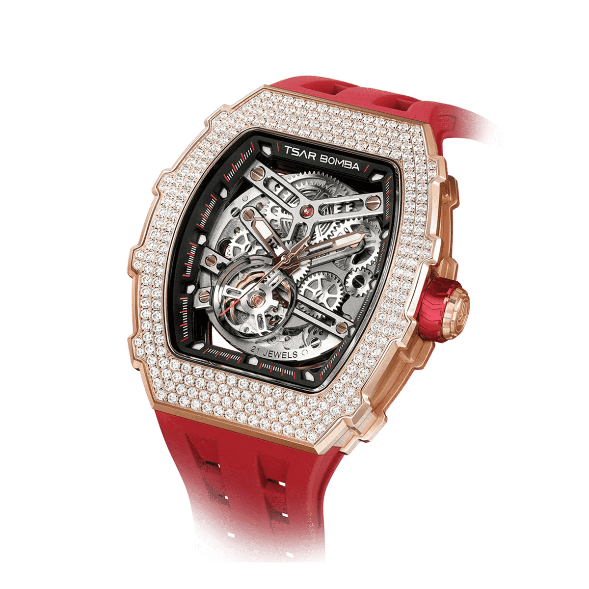 15° Left-Angled View TSAR BOMBA Elemental TB8208D men’s Red tonneau watch with a gold-tone stainless steel case and cubic zirconia bezel and skeleton dial.