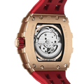 Rear view of the TSAR BOMBA Elemental TB8208D men’s Red tonneau watch with a gold-tone stainless steel case and cubic zirconia bezel and skeleton dial.