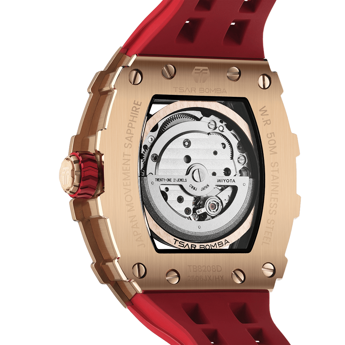 Rear view of the TSAR BOMBA Elemental TB8208D men’s Red tonneau watch with a gold-tone stainless steel case and cubic zirconia bezel and skeleton dial.