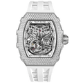 Front view of the TSAR BOMBA Elemental TB8208D men’s White tonneau watch with a gold-tone stainless steel case and cubic zirconia bezel and skeleton dial.