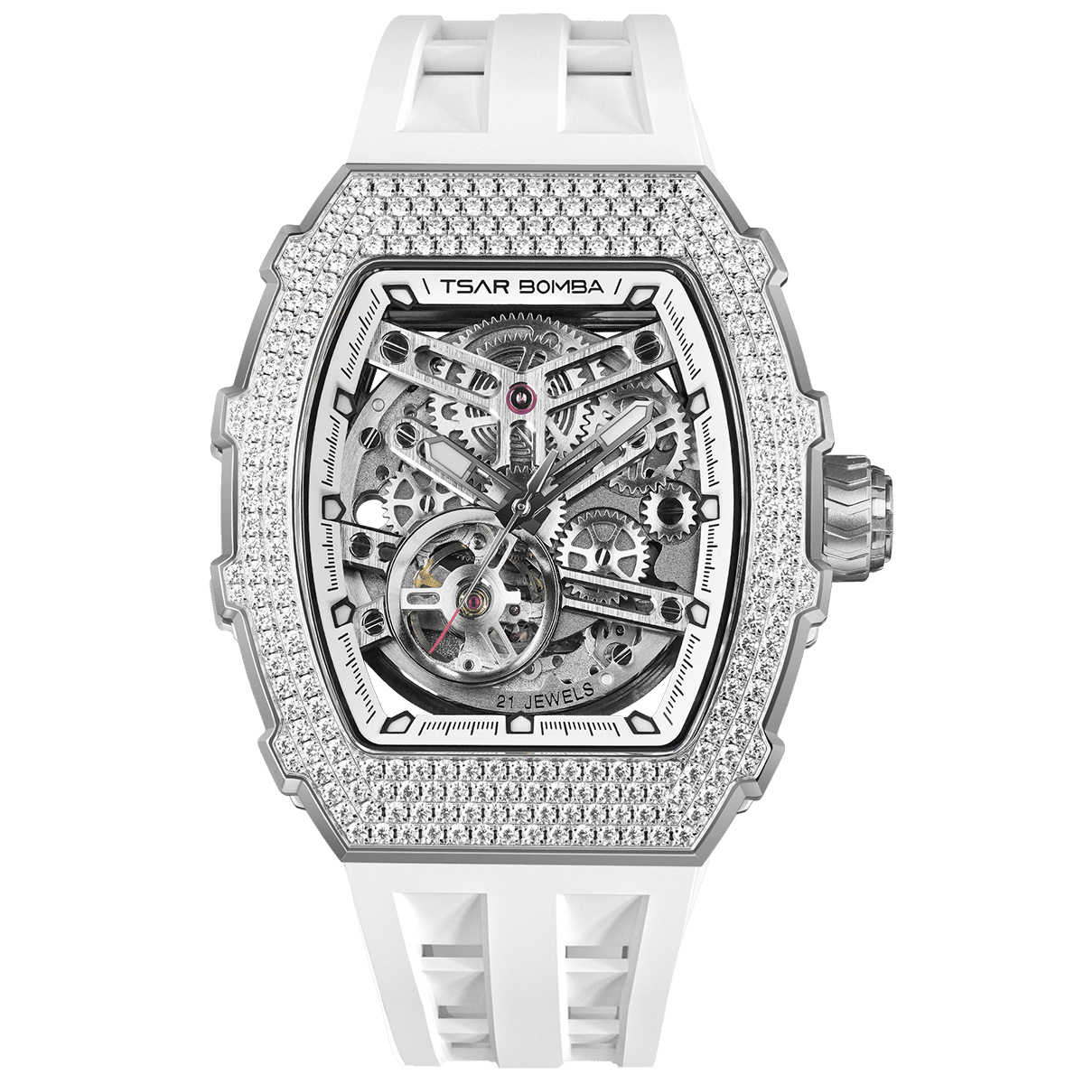 Front view of the TSAR BOMBA Elemental TB8208D men’s White tonneau watch with a gold-tone stainless steel case and cubic zirconia bezel and skeleton dial.
