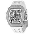 Side view of the TSAR BOMBA Elemental TB8208D men’s White tonneau watch with a gold-tone stainless steel case and cubic zirconia bezel and skeleton dial.