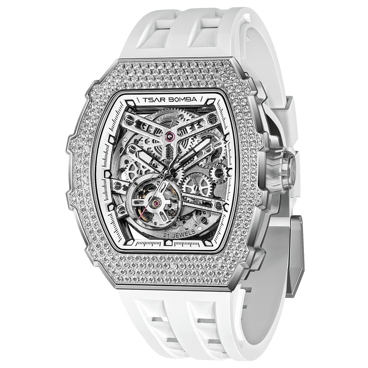 Side view of the TSAR BOMBA Elemental TB8208D men’s White tonneau watch with a gold-tone stainless steel case and cubic zirconia bezel and skeleton dial.
