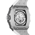 Rear view of the TSAR BOMBA Elemental TB8208D men’s White tonneau watch with a gold-tone stainless steel case and cubic zirconia bezel and skeleton dial.