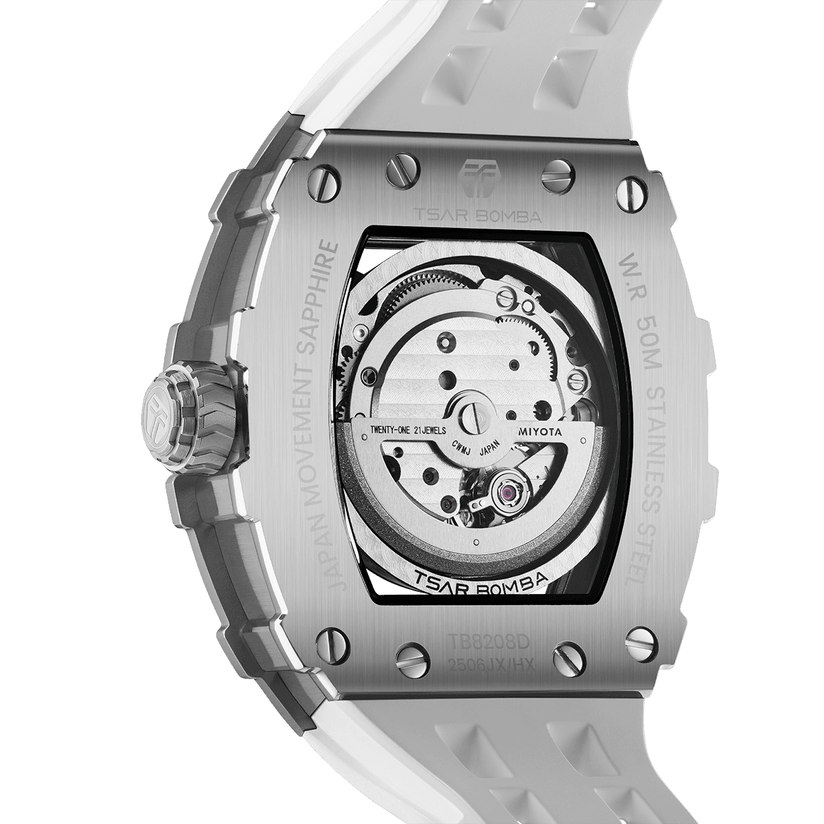 Rear view of the TSAR BOMBA Elemental TB8208D men’s White tonneau watch with a gold-tone stainless steel case and cubic zirconia bezel and skeleton dial.