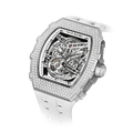 15° Left-Angled View TSAR BOMBA Elemental TB8208D men’s White tonneau watch with a gold-tone stainless steel case and cubic zirconia bezel and skeleton dial.
