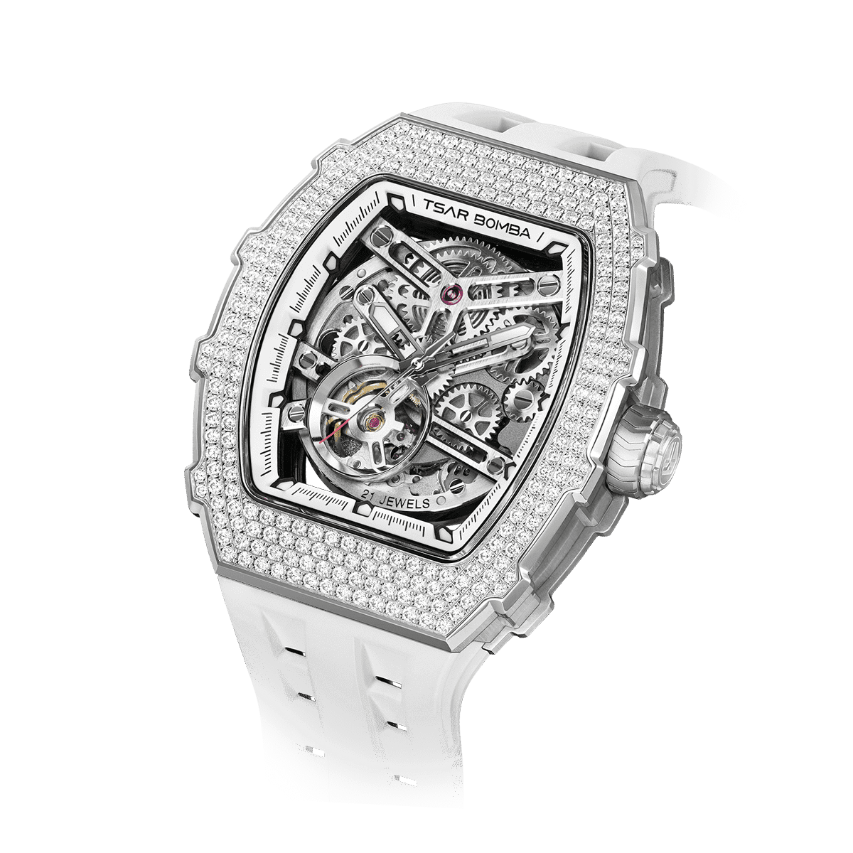 15° Left-Angled View TSAR BOMBA Elemental TB8208D men’s White tonneau watch with a gold-tone stainless steel case and cubic zirconia bezel and skeleton dial.