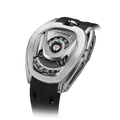 15° Left-Angled View TSAR BOMBA Reactor TB8213 staless steel Automatic Interchangeable Men's Watch. Features a sliver stainless steel case and bezel, powered by a Japanese automatic movement. Top dial: minutes; central dial: seconds. Bottom main display: hour hand = pointer reading + central window reading. The TB8213 utilizes the TSAR BOMBA interchangeable module system, allowing for quick and tool-free changes of the strap, bezel, and crown.black strap