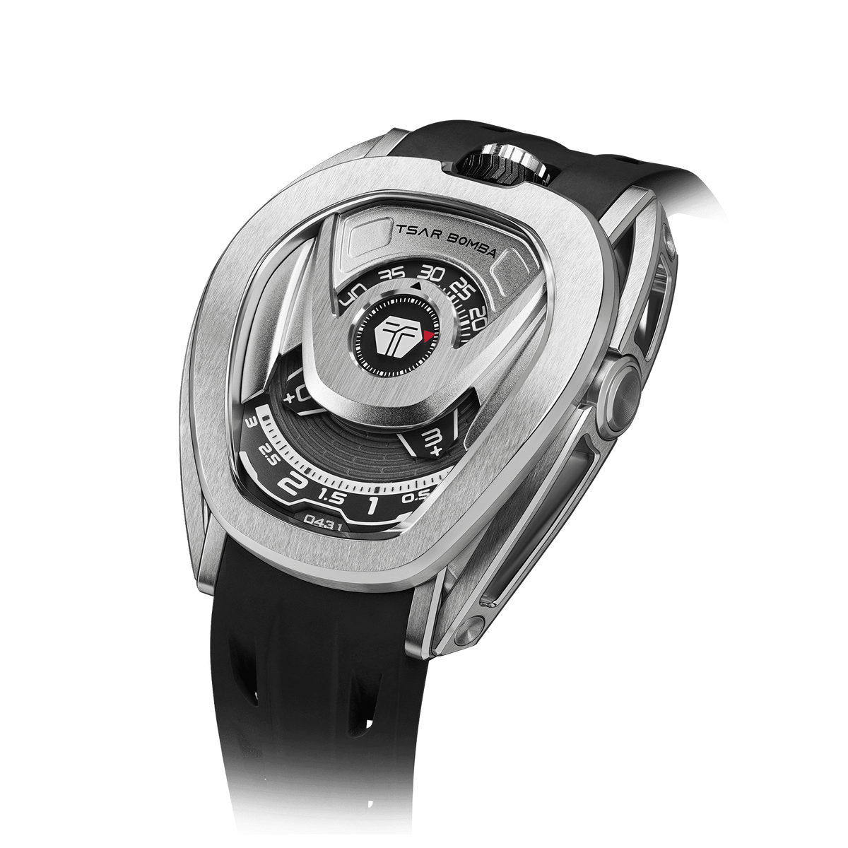 15° Left-Angled View TSAR BOMBA Reactor TB8213 staless steel Automatic Interchangeable Men's Watch. Features a sliver stainless steel case and bezel, powered by a Japanese automatic movement. Top dial: minutes; central dial: seconds. Bottom main display: hour hand = pointer reading + central window reading. The TB8213 utilizes the TSAR BOMBA interchangeable module system, allowing for quick and tool-free changes of the strap, bezel, and crown.black strap