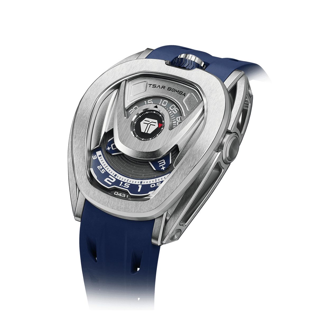 15° Left-Angled View TSAR BOMBA Reactor TB8213 staless steel Automatic Interchangeable Men's Watch. Features a sliver stainless steel case and bezel, powered by a Japanese automatic movement. Top dial: minutes; central dial: seconds. Bottom main display: hour hand = pointer reading + central window reading. The TB8213 utilizes the TSAR BOMBA interchangeable module system, allowing for quick and tool-free changes of the strap, bezel, and crown.blue strap