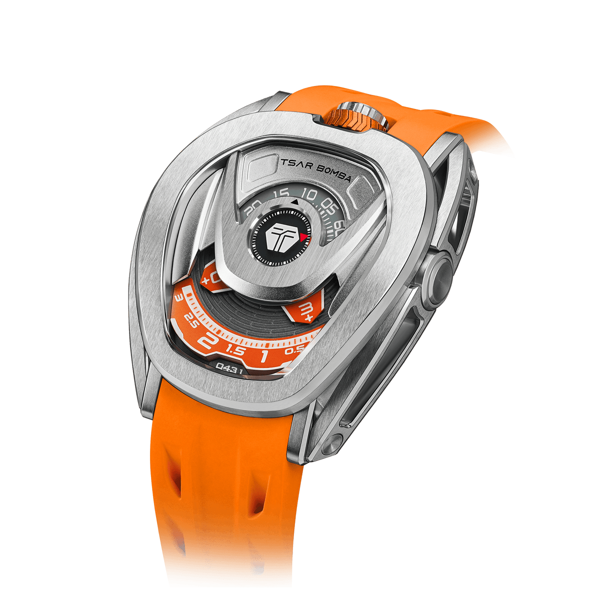 15° Left-Angled View TSAR BOMBA Reactor TB8213 staless steel Automatic Interchangeable Men's Watch. Features a sliver stainless steel case and bezel, powered by a Japanese automatic movement. Top dial: minutes; central dial: seconds. Bottom main display: hour hand = pointer reading + central window reading. The TB8213 utilizes the TSAR BOMBA interchangeable module system, allowing for quick and tool-free changes of the strap, bezel, and crown.orange strap
