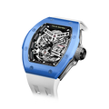 TSAR BOMBA Atomic TB8218C automatic skeleton tonneau men watch; ceramic bezel and stainless steel case and fluororubber strap; Features a ceramic bezel and an interchangeable fluoro-rubber strap. Utilizes TSAR BOMBA’s patented technology for interchangeable straps, bezels, and crowns. Quickly swap modules without tools—since your watch can change its style, why buy another one? Left three-quarter angle view-- Blue