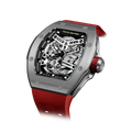 TSAR BOMBA Atomic TB8218C automatic skeleton tonneau men watch; ceramic bezel and stainless steel case and fluororubber strap; Features a ceramic bezel and an interchangeable fluoro-rubber strap. Utilizes TSAR BOMBA’s patented technology for interchangeable straps, bezels, and crowns. Quickly swap modules without tools—since your watch can change its style, why buy another one? Left three-quarter angle view-- Grey Red