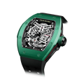 TSAR BOMBA Atomic TB8218C automatic skeleton tonneau men watch; ceramic bezel and stainless steel case and fluororubber strap; Features a ceramic bezel and an interchangeable fluoro-rubber strap. Utilizes TSAR BOMBA’s patented technology for interchangeable straps, bezels, and crowns. Quickly swap modules without tools—since your watch can change its style, why buy another one? Left three-quarter angle view-- Green