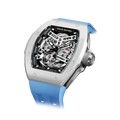 TSAR BOMBA Atomic TB8218C automatic skeleton tonneau men watch; ceramic bezel and stainless steel case and fluororubber strap; Features a ceramic bezel and an interchangeable fluoro-rubber strap. Utilizes TSAR BOMBA’s patented technology for interchangeable straps, bezels, and crowns. Quickly swap modules without tools—since your watch can change its style, why buy another one? Left three-quarter angle view-- White Blue
