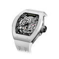 TSAR BOMBA Atomic TB8218C automatic skeleton tonneau men watch; ceramic bezel and stainless steel case and fluororubber strap; Features a ceramic bezel and an interchangeable fluoro-rubber strap. Utilizes TSAR BOMBA’s patented technology for interchangeable straps, bezels, and crowns. Quickly swap modules without tools—since your watch can change its style, why buy another one? Left three-quarter angle view-- white