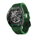 TSAR BOMBA Atomic automatic-skeleton-tonneau-men-watch-TB8218cf- Carbon fiber green black bezel and green strap, Left three-quarter-view; Features a carbon fiber bezel and an interchangeable fluoro-rubber strap. It utilizes TSAR BOMBA’s patented technology, allowing for the tool-free, rapid swapping of the strap, bezel, and crown. Since your watch can change its style, why buy another one?