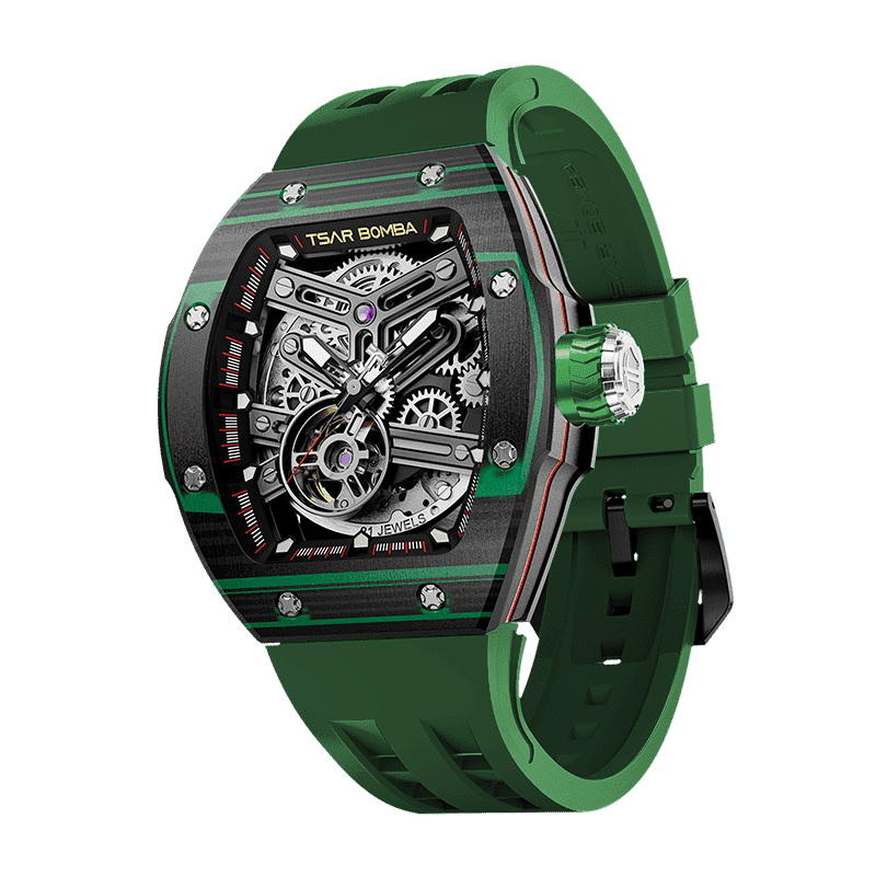 TSAR BOMBA Atomic automatic-skeleton-tonneau-men-watch-TB8218cf- Carbon fiber green black bezel and green strap, Left three-quarter-view; Features a carbon fiber bezel and an interchangeable fluoro-rubber strap. It utilizes TSAR BOMBA’s patented technology, allowing for the tool-free, rapid swapping of the strap, bezel, and crown. Since your watch can change its style, why buy another one?