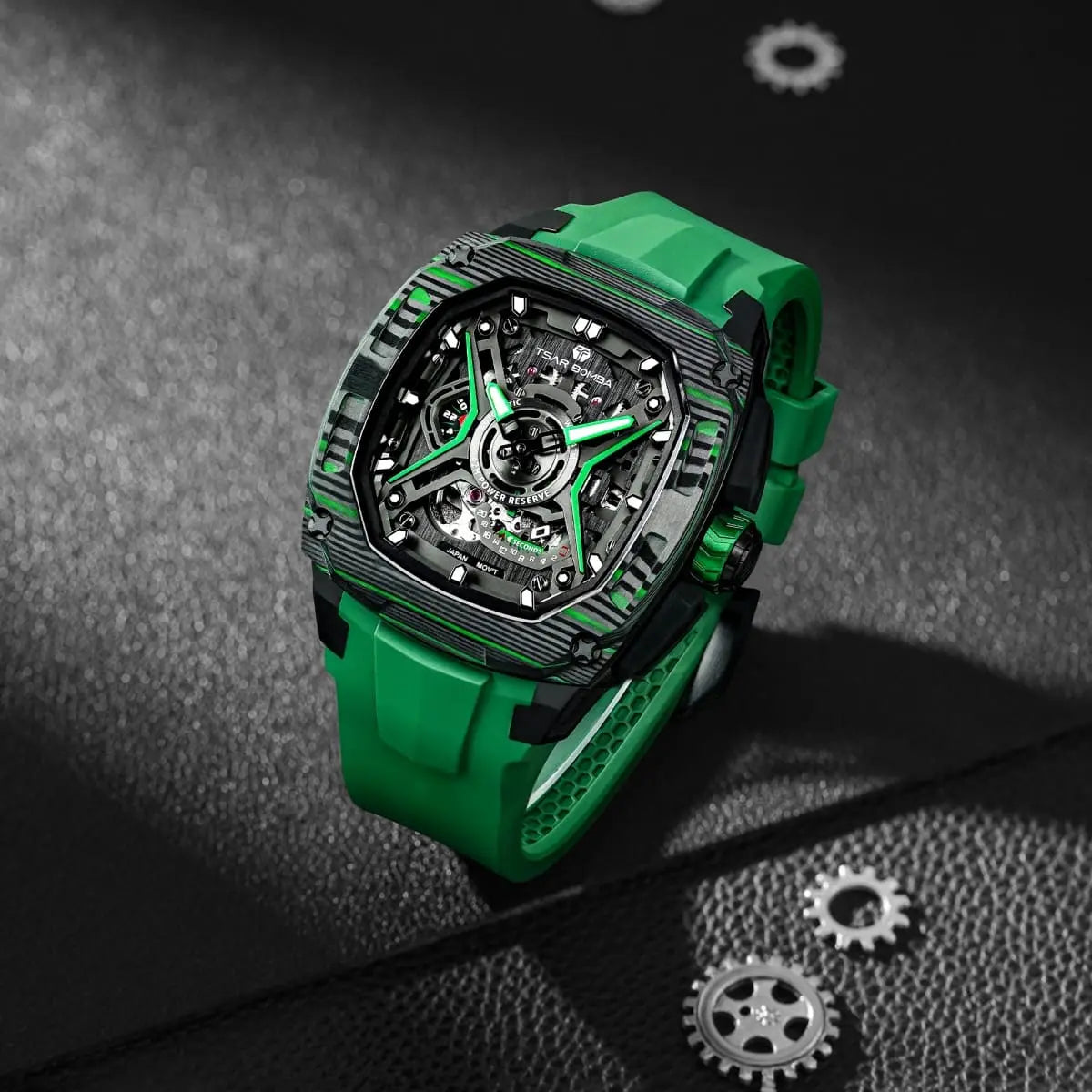 Featuring a stainless steel case and carbon fiber bezel, it is powered by a Citizen MIYOTA automatic movement, with the dial combining a 24-hour display and power reserve indicator. The Dark Matter 5 features Grade A luminescent coating, scratch-resistant sapphire crystal, and a interchangeable fluororubber strap. Water-resistant to 50 meters (50 ATM).--Scene display