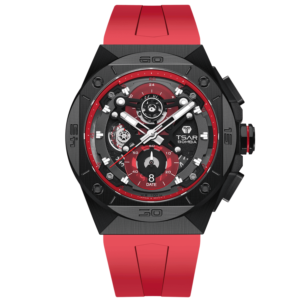 TSAR BOMBA Atomic TB880Q,stainless steel case and- re stainless steel bezel ,black -fluororubber strap.Chronograph quartz mens watch - fron view