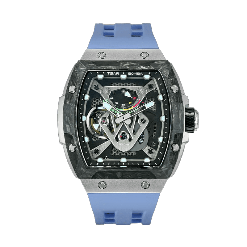 The TB8216 is a Tsarbomba watch featuring a carbon fiber bezel, a titanium case, and a black fluororubber strap, with interchangeable bezel, strap, and crown.limitde edition wathces--front view