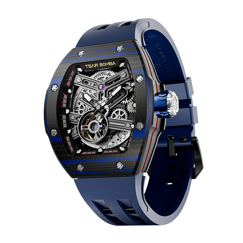 TSAR BOMBA Atomic automatic-skeleton-tonneau-men-watch-TB8218cf- Carbon fiber blue bezel and blue strap, Left three-quarter-view; Features a carbon fiber bezel and an interchangeable fluoro-rubber strap. It utilizes TSAR BOMBA’s patented technology, allowing for the tool-free, rapid swapping of the strap, bezel, and crown. Since your watch can change its style, why buy another one?
