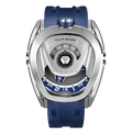 Front view of the TSAR BOMBA Reactor TB8213 staless steel Automatic Interchangeable Men's Watch. Features a sliver stainless steel case and bezel, powered by a Japanese automatic movement. Top dial: minutes; central dial: seconds. Bottom main display: hour hand = pointer reading + central window reading. The TB8213 utilizes the TSAR BOMBA interchangeable module system, allowing for quick and tool-free changes of the strap, bezel, and crown.blue strap