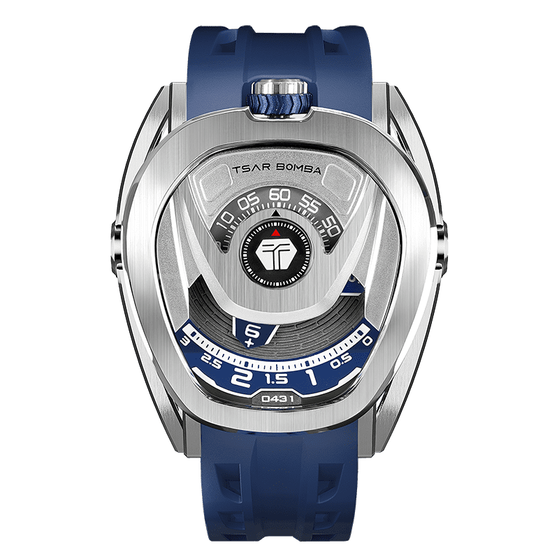 Front view of the TSAR BOMBA Reactor TB8213 staless steel Automatic Interchangeable Men's Watch. Features a sliver stainless steel case and bezel, powered by a Japanese automatic movement. Top dial: minutes; central dial: seconds. Bottom main display: hour hand = pointer reading + central window reading. The TB8213 utilizes the TSAR BOMBA interchangeable module system, allowing for quick and tool-free changes of the strap, bezel, and crown.blue strap