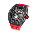 15° Left-Angled View TSAR BOMBA Elemental TB8210CF Passion Red men’s tonneau watch, featuring a tonneau stainless steel case, a carbon fiber bezel, and red strap. The Seiko Epson automatic movement is displayed with a tourbillon at 9 o’clock, a power reserve indicator at 12 o’clock, and a 24-hour display at 6 o’clock.