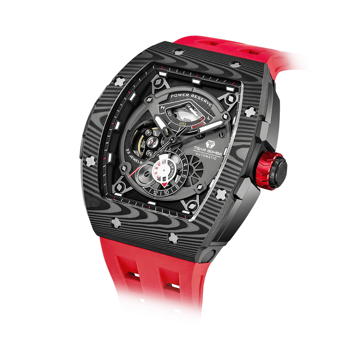 15° Left-Angled View TSAR BOMBA Elemental TB8210CF Passion Red men’s tonneau watch, featuring a tonneau stainless steel case, a carbon fiber bezel, and red strap. The Seiko Epson automatic movement is displayed with a tourbillon at 9 o’clock, a power reserve indicator at 12 o’clock, and a 24-hour display at 6 o’clock.