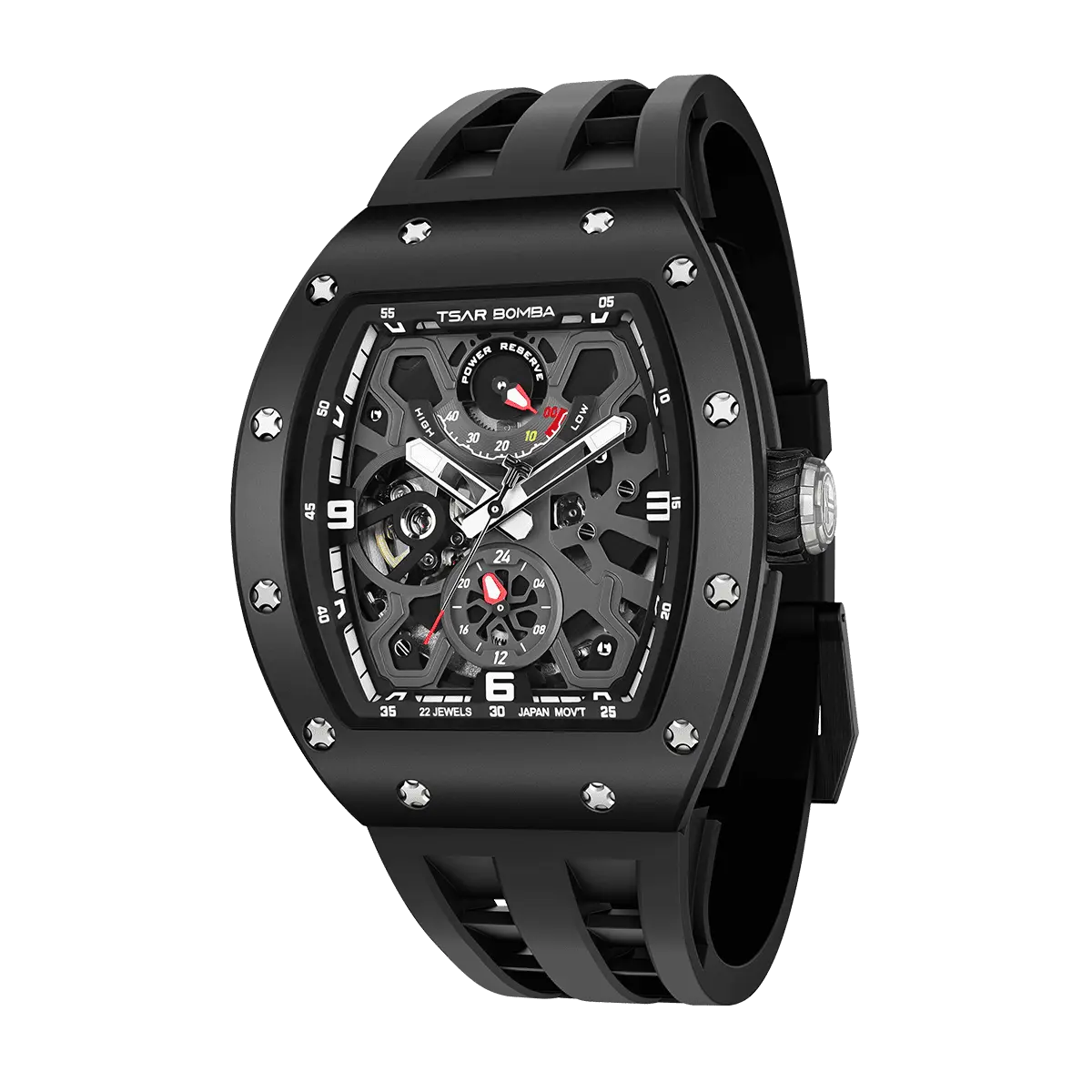 TSAR BOMBA Elemental TB8212 Skeleton Automatic Mechanical Watch. Powered by a Seiko Epson automatic movement, the full ceramic case is lightweight, skin-friendly.  It features Grade A luminescent coating, a scratch-resistant sapphire crystal, and a fluororubber strap. Water-resistant to 50 meters (5 ATM).--Left three-quarter view