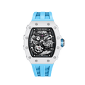 Front view of the TSAR BOMBA Elemental TB8208C men’s Blue tonneau watch with a stainless steel case and white ceramic bezel and skeleton dial and blue strap.