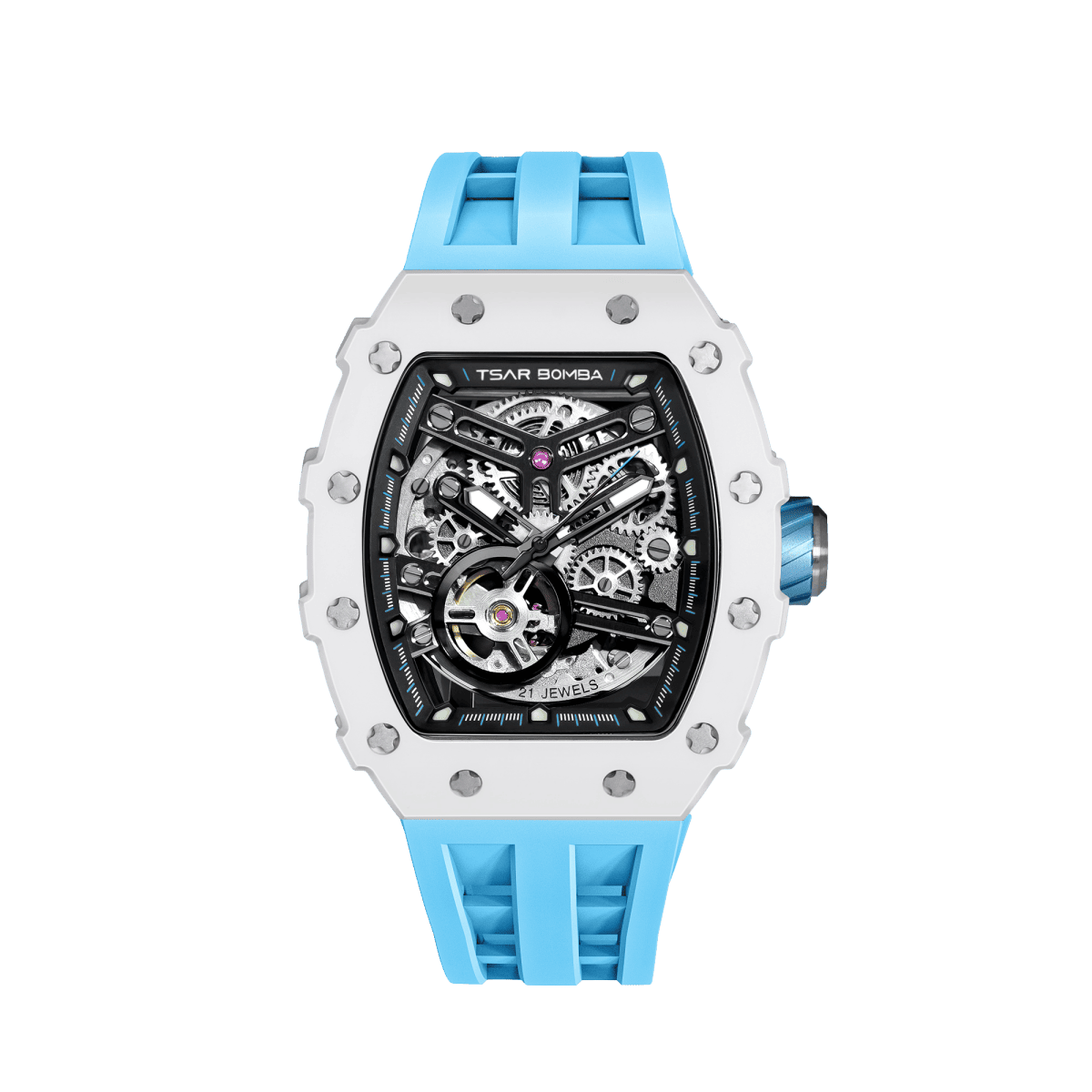 Front view of the TSAR BOMBA Elemental TB8208C men’s Blue tonneau watch with a stainless steel case and white ceramic bezel and skeleton dial and blue strap.
