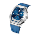 The TSAR BOMBA Lumina is a diamond-set luxury automatic ladies' watch. The dial and bezel are set with 79 lab-grown diamonds totaling 0.66 carats. The watch is powered by a Japanese automatic movement. It features TSAR BOMBA's patented interchangeable strap function, an A-grade luminous coating, a scratch-resistant sapphire crystal, and a comfortable, interchangeable fluoroelastomer strap. It is water-resistant to 50 meters (5 ATM).-blue-Left three-quarter view