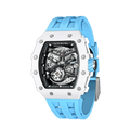Side view of the TSAR BOMBA Elemental TB8208C men’s Blue tonneau watch with a stainless steel case and white ceramic bezel and skeleton dial and blue strap.