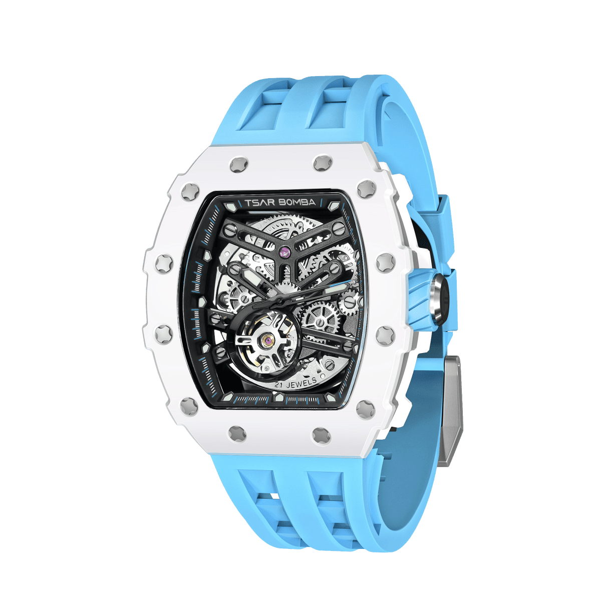 Side view of the TSAR BOMBA Elemental TB8208C men’s Blue tonneau watch with a stainless steel case and white ceramic bezel and skeleton dial and blue strap.