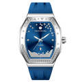 The TSAR BOMBA Lumina is a diamond-set luxury automatic ladies' watch. The dial and bezel are set with 79 lab-grown diamonds totaling 0.66 carats. The watch is powered by a Japanese automatic movement. It features TSAR BOMBA's patented interchangeable strap function, an A-grade luminous coating, a scratch-resistant sapphire crystal, and a comfortable, interchangeable fluoroelastomer strap. It is water-resistant to 50 meters (5 ATM).-blue-front view