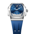 The TSAR BOMBA Lumina is a diamond-set luxury automatic ladies' watch. The dial and bezel are set with 79 lab-grown diamonds totaling 0.66 carats. The watch is powered by a Japanese automatic movement. It features TSAR BOMBA's patented interchangeable strap function, an A-grade luminous coating, a scratch-resistant sapphire crystal, and a comfortable, interchangeable fluoroelastomer strap. It is water-resistant to 50 meters (5 ATM).-blue-tow view