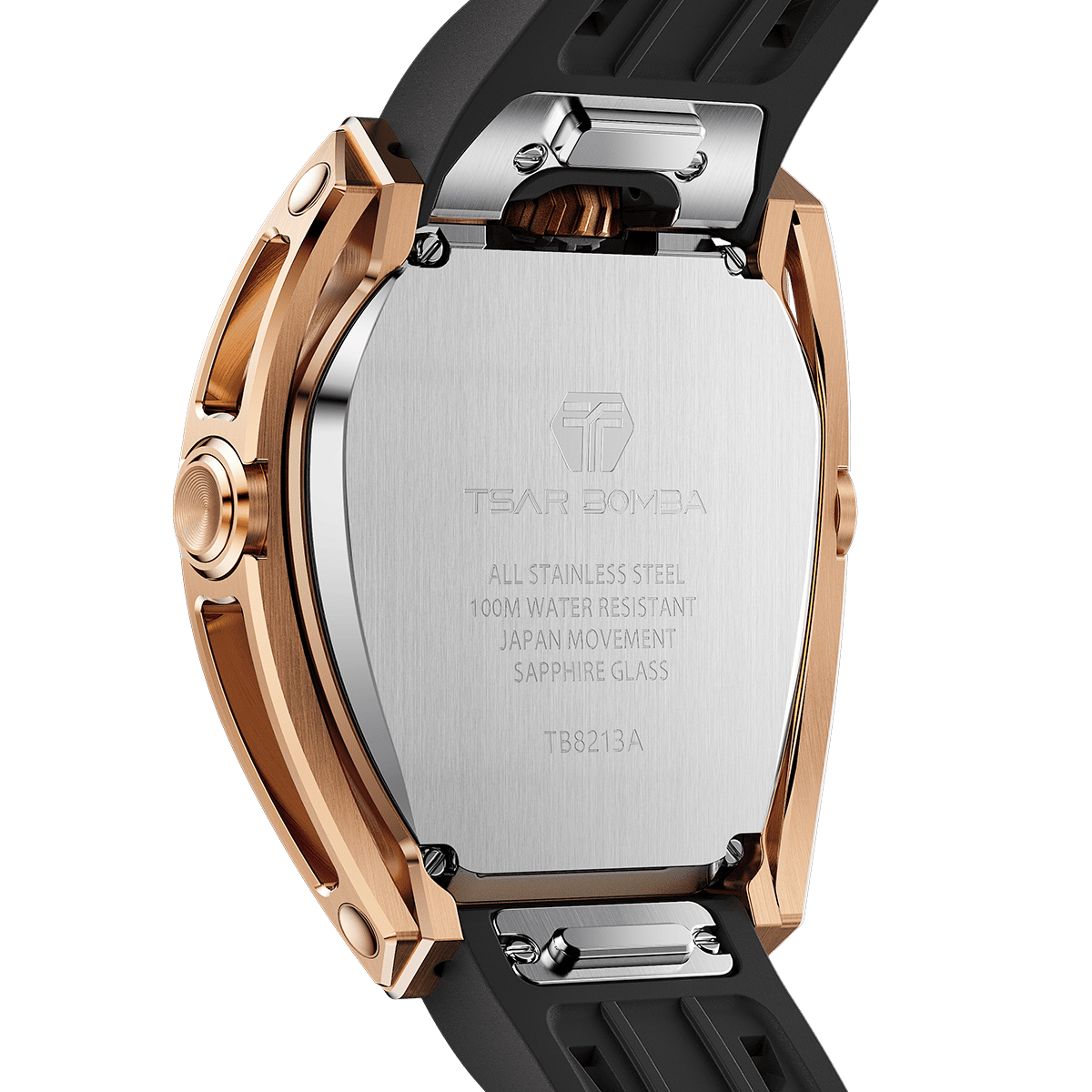 Rear view of the TSAR BOMBA Reactor TB8213 staless steel Automatic Interchangeable Men's Watch. Features a gold stainless steel case and bezel, powered by a Japanese automatic movement. Top dial: minutes; central dial: seconds. Bottom main display: hour hand = pointer reading + central window reading. The TB8213 utilizes the TSAR BOMBA interchangeable module system, allowing for quick and tool-free changes of the strap, bezel, and crown.