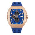  TSAR BOMBA Elemental TB8211Q Stainless Steel Tonneau Chronograph Watch. Features a stainless steel case and a precision-machined quartz movement. The textured dial integrates date display and chronograph function. A 1/20th-second counter is located at 12 o'clock, the date display at 3 o'clock, the hour/minute counter at 6 o'clock, and the seconds counter at 9 o'clock.--front view