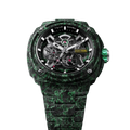 TSAR BOMBA Electron TB8401CF Men’s Watch. Crafted entirely from carbon fiber—including the strap—it weighs just 100 grams. The skeleton dial design offers a direct view of the movement, allowing you to appreciate the charm of precision mechanics in action. Powered by a Citizen MIYOTA movement. The Electron-TB8401CF features Grade A luminescent coating, scratch-resistant sapphire crystal, and an interchangeable fluororubber strap. Water-resistant to 100 meters (10 ATM).--Top view