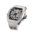TSAR BOMBA Atomic TB8218C automatic skeleton tonneau men watch; ceramic bezel and stainless steel case and fluororubber strap; Features a ceramic bezel and an interchangeable fluoro-rubber strap. Utilizes TSAR BOMBA’s patented technology for interchangeable straps, bezels, and crowns. Quickly swap modules without tools—since your watch can change its style, why buy another one? Left three-quarter angle view-- Ghost Grey
