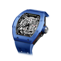TSAR BOMBA Atomic TB8218C automatic skeleton tonneau men watch; ceramic bezel and stainless steel case and fluororubber strap; Features a ceramic bezel and an interchangeable fluoro-rubber strap. Utilizes TSAR BOMBA’s patented technology for interchangeable straps, bezels, and crowns. Quickly swap modules without tools—since your watch can change its style, why buy another one? Left three-quarter angle view-- blue
