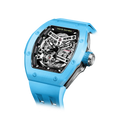 TSAR BOMBA Atomic TB8218C automatic skeleton tonneau men watch; ceramic bezel and stainless steel case and fluororubber strap; Features a ceramic bezel and an interchangeable fluoro-rubber strap. Utilizes TSAR BOMBA’s patented technology for interchangeable straps, bezels, and crowns. Quickly swap modules without tools—since your watch can change its style, why buy another one? Left three-quarter angle view-- sky blue