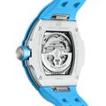TSAR BOMBA Atomic TB8218C automatic skeleton tonneau men watch; ceramic bezel and stainless steel case and fluororubber strap; Features a ceramic bezel and an interchangeable fluoro-rubber strap. Utilizes TSAR BOMBA’s patented technology for interchangeable straps, bezels, and crowns. Quickly swap modules without tools—since your watch can change its style, why buy another one? Rear-view-- sky blue