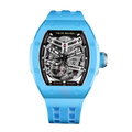 TSAR BOMBA Atomic TB8218C automatic skeleton tonneau men watch; ceramic bezel and stainless steel case and fluororubber strap; Features a ceramic bezel and an interchangeable fluoro-rubber strap. Utilizes TSAR BOMBA’s patented technology for interchangeable straps, bezels, and crowns. Quickly swap modules without tools—since your watch can change its style, why buy another one? Front view-- sky blue